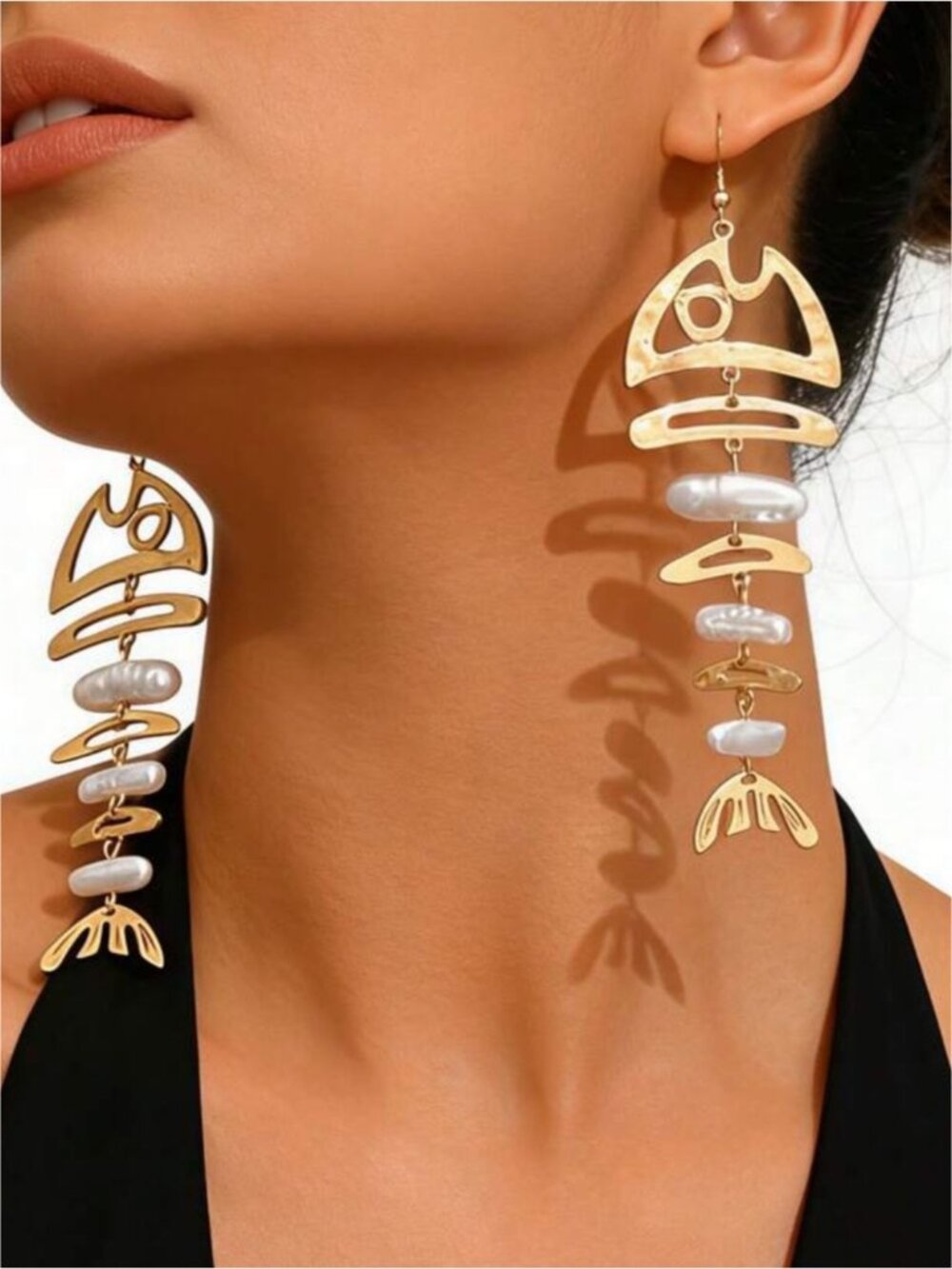 Pearl Dangle Fishbone Earrings Q1117 - Picture 1 of 3